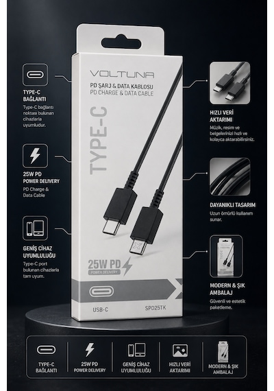 Type-c To Type-c 25w Pd Şarj Ve Data Kablosu 1,5 M Siyah