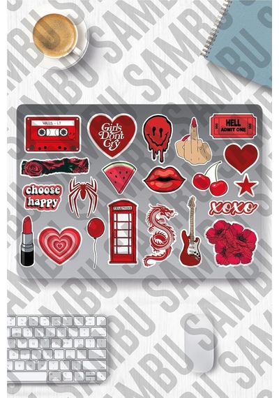 Red Aesthetic Temalı Sticker Etiket Seti 2 - Kırmızı Sticker - Laptop Notebook Telefon