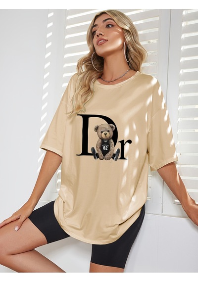 Uyguntarz Unisex Dr. Ayı Tasarım Basklı Tshirt Bej