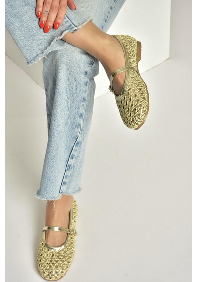 Fox Shoes Y267272709 Altın Örgü File Görünümlü Kadın Babet Altın