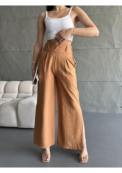Eke Tekstil Kadın Camel Keten Paçaları Yırtmaçlı Pantolon-camel Camel