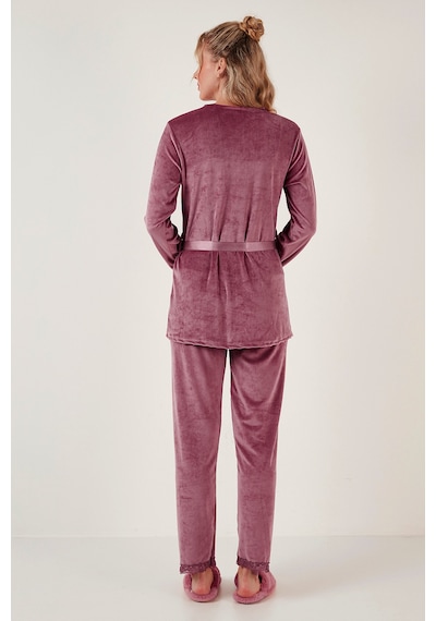 Lela Regular Fit Dantelli Yumuşak Dokulu Sabahlıklı Kadife Bayan Pijama Takımı 6095545 Pudra