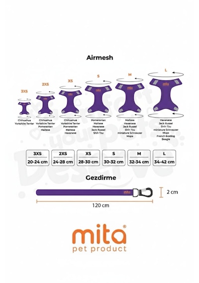 Mita Air Mesh 2'lı Bundle Set Kedı Köpek Göğüs Tasması + Köpek Gezdirme Tasması/kayışı Mor / M Mor