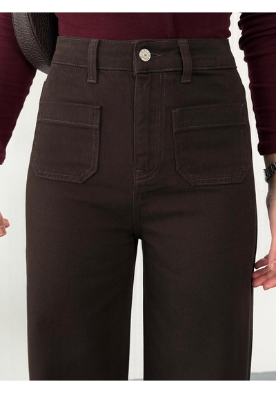 Kadın Kahverengi Ön Cepli Wide-leg Jean Yüksek Bel Geniş Paça Kot Pantolon Kahverengi
