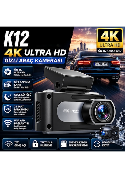 K12 Max 4k Araç Içi Kamera Ön 4k + Arka Hd Kayıt, Wifi Destekli, Gece Görüşlü, 24 Saat Park Modlu Gizli Araç Kamerası