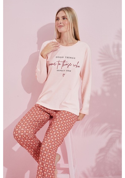 Siyah İnci Pamuklu Örme Pijama Takım 24240182 Somon