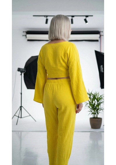 Byemelika Kayık Yaka, İspanyol Kol, Bürümcük, Lucia Crop Bluz Sarı