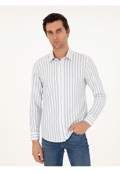 Cacharel Mavi Slim Fit %100 Pamuk Çizgili Gömlek