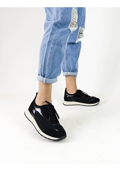 Gdt Ayakkabı Siyah Renk Streçt Boğaz Bağcıklı Düz Taban Kadın Sneakers