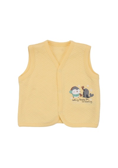 Bebegen Unisex Bebek Sarı Kapitoneli Penguen Desenli Çıtçıtlı Penye Yelek Çok Renkli