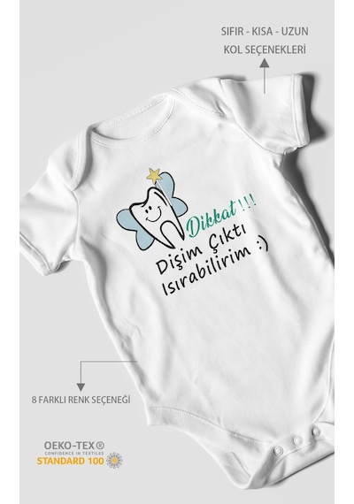 Dikkat Dişim Çıktı Isırabilirim Baskılı Bebek Zıbını Çıtçıtlı Body %100 Pamuk Kısa Kol Beyaz