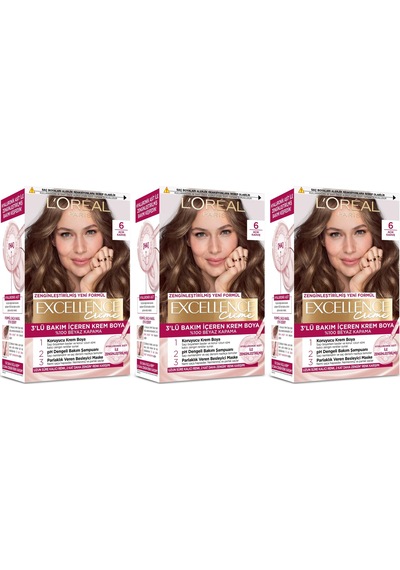 L'Oréal Paris Excellence Saç Boyası 6 Açık Kahve 3'lü Set L'Oréal Paris Excellence Saç Boyası 6 Açık Kahve 3'lü Set