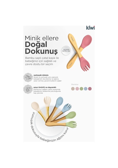 Kiwi 3 Parça Kase Çatal Kaşık Beslenme Seti - Doğal Silikon Bpa İçermez- Dusty Blue