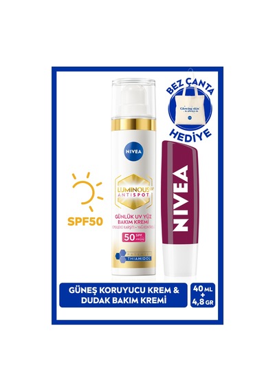NIVEA Luminous630 Thiamidol Etkili Leke Karşıtı Gündüz Yüz Bakım Kremi 40 ML + Böğürtlen Işıltılı Nemlendirici Dudak Bakım Kremi 4.8 G + Çanta