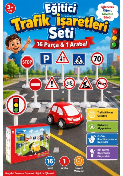 17 Parça Mini Trafik İşaretleri Yol Seti - Oyuncak Arabalı Eğitici Set 3+ Yaş