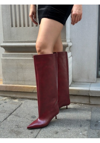Erva'nın Butiği Bordo Cilt Veray Xl Oversize Kalın Baldır 5 Cm Mini Topuk Çizme-6401