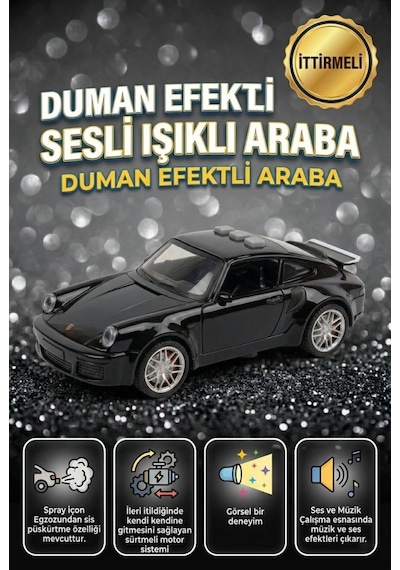 Duman Atan 3 Buton Fonksiyonlu Sesli Işıklı Müzikli Sürtmeli Kapıları Açılan Porsche Oyuncak Araba Siyah