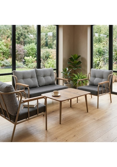 Paris 2+1+1+sehpa Metal Balkon Takımı Keten Dokulu Kumaş Cappuccino Metal - Bahçe Teras Oturma Grubu