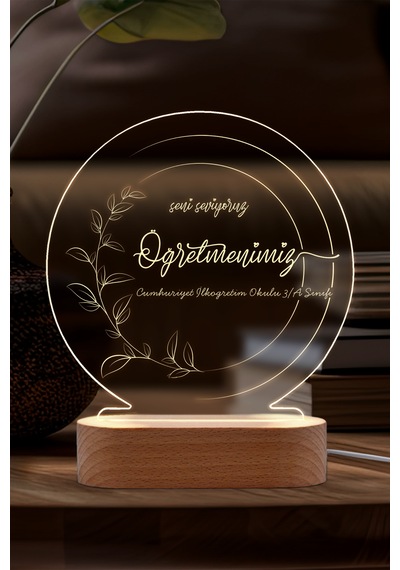 Öğretmenler İçin Kişiye Özel Led Gece Lambası Masif Ahşap Tabanlı Usb Kablolu Pleksi Led Gece Lambası