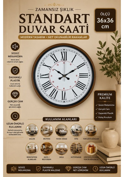 Kahverengi 36 Cm Standart Duvar Saati Standart Roma Rakamlı