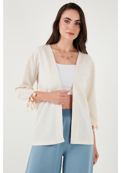 Lela Pamuk Ve Keten Karışımlı Püskül Detaylı Regular Fit Uzun Kimono Bayan Hırka 5869015 Bej