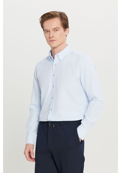 AC&Co / Altınyıldız Classics Erkek Acık Mavı Pamuklu Tailored Slim Fit Dar Kesim Gizli Düğmeli Yaka Armürlü Gömlek Acık Mavı
