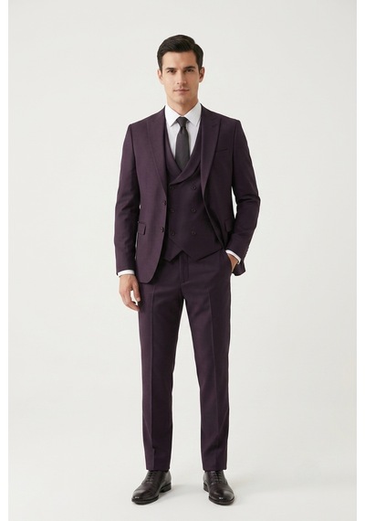 Bihan Store Erkek 6 Drop Slim Fit Yelekli Takım Elbise Çift Yırtmaç Altın Kuş Gözü - Mürdüm Bihan Store Erkek 6 Drop Slim Fit Yelekli Takım Elbise Çift Yırtmaç Altın Kuş Gözü - Mürdüm