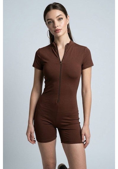 Madmext Kahverengi Slim Fit Fermuarlı Şort Tulum Mg2794