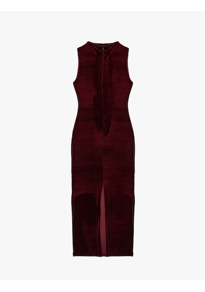 Koton Dik Yaka Slim Fit Kolsuz Drapeli Yırtmaç Detaylı Uzun Bodycon Kadife Elbise Bordo 6wak80091uk
