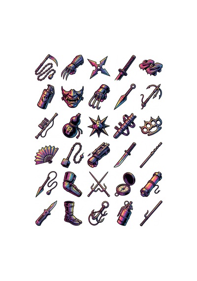 30 Adet Taktik Ninja Ekipmanı Sticker Seti - Laptop Telefon Kaykay Çok Renkli