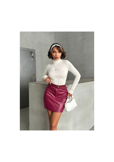 Verymoda Deri Kemerli Etek - F1840 Bordo