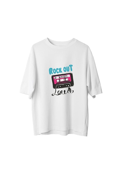 Paybuy Müzik Tutkunları İçin Rock Hayatı Baskılı Erkek Oversize Tişört Beyaz