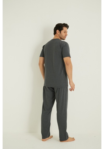 Siyah İnci Kısa Kollu Örme Erkek Pijama Takım 7794 Füme