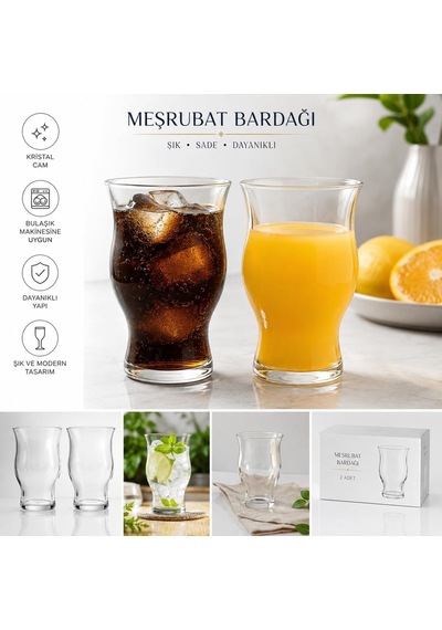 Meşrubat Bardağı Seti, Kristal Cam, 2 Adet Bulaşık Makinesine Uygun, Dayanıklı Yapı, Modern Tasarım, Kokteyl Ve Meyve Suyu, Şık Şeffaf Cam Çok Renkli