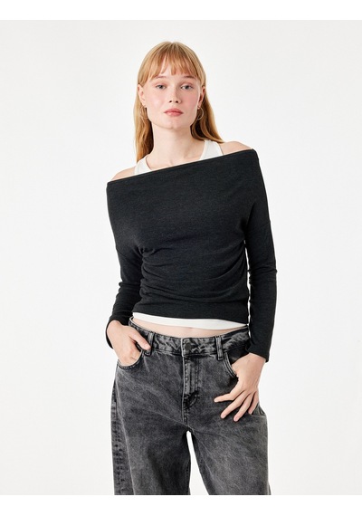 Koton Slim Fit Asimetrik Yaka Katmanlı Uzun Kollu Tişört Antrasit 7wal10328ık