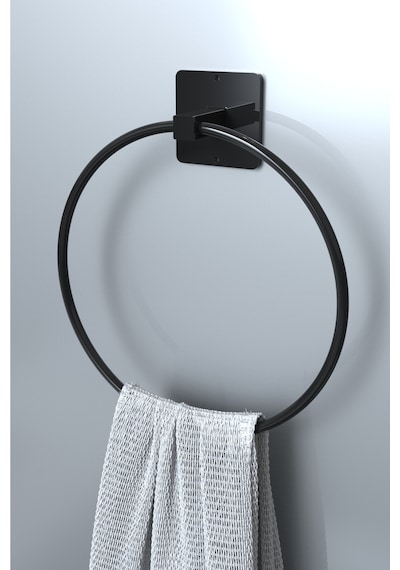 Karteya Yapışkanlı Siyah Yuvarlak Havluluk Banyo Mutfak Havlu Askılık Gümüş
