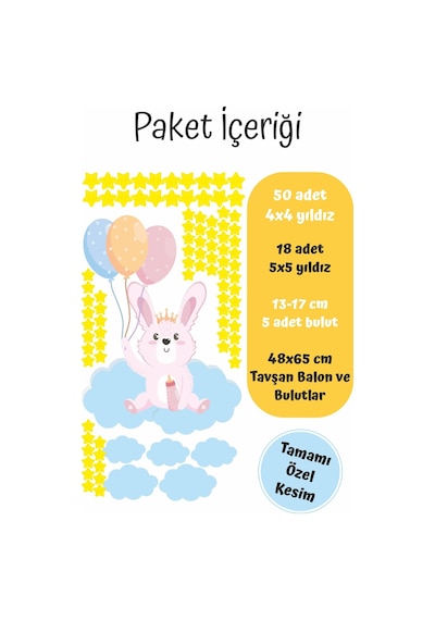 MSticker Sevimli Tavşan Bulutlar Ve Yıldızlar Çocuk Bebek Odası Sticker