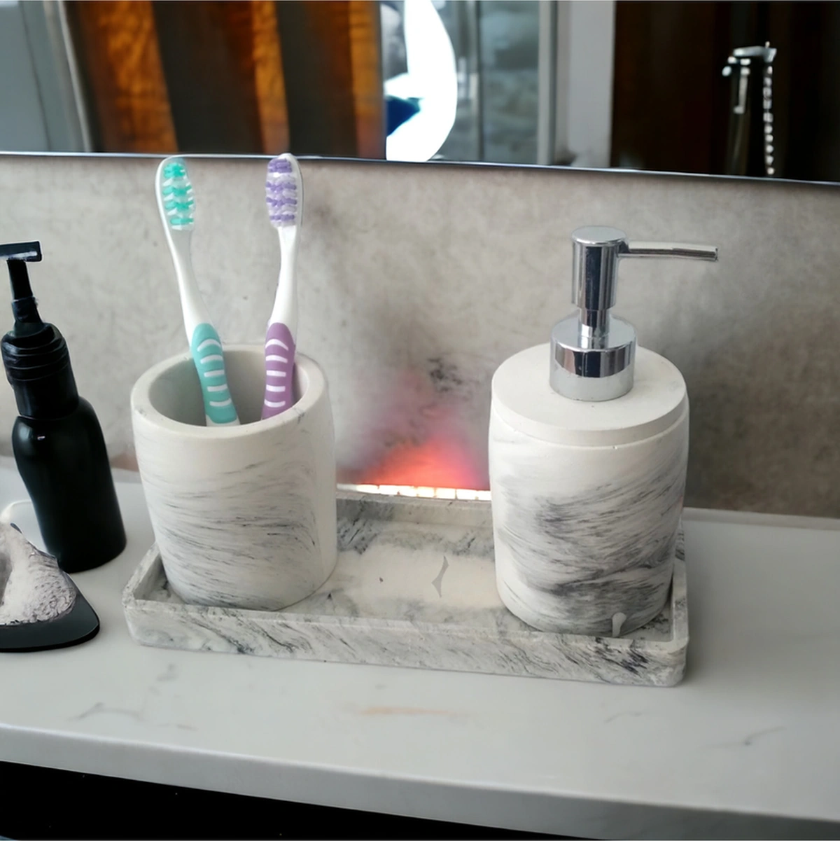 Marble 3'lü Banyo Seti, Sıvı Sabunluk Diş Fırçalığı Beton Aksesuar Takım Gri