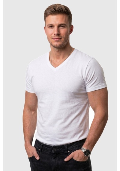 Rizzup Erkek Beyaz Slim Fit %90 Pamuk V Yaka Likralı Yumuşak Dokulu Basic Tişört 1801165