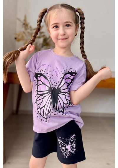 Riccotarz Kız Çocuk Kara Kalem Kelebek Baskılı Penye Lila T-shirt Şortlu Takım Lila
