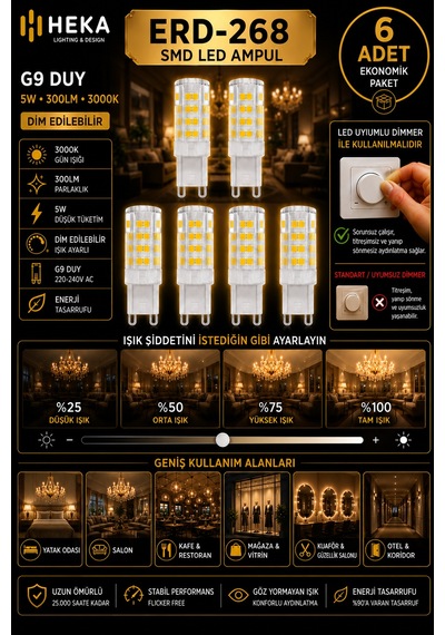 6 Adet Heka 5w Günışığı 3000k G9 Duylu Dim Edilebilir Led Kapsül Ampul