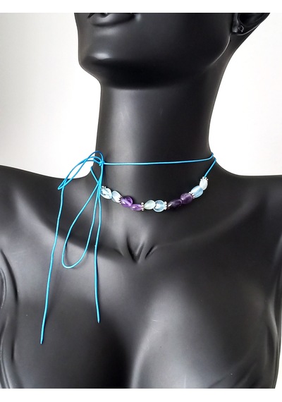 Keskin Gümüş Ametis Aquamarine Doğal Taşlı Mavi Çakra Choker Gümüş Kadın Kolye