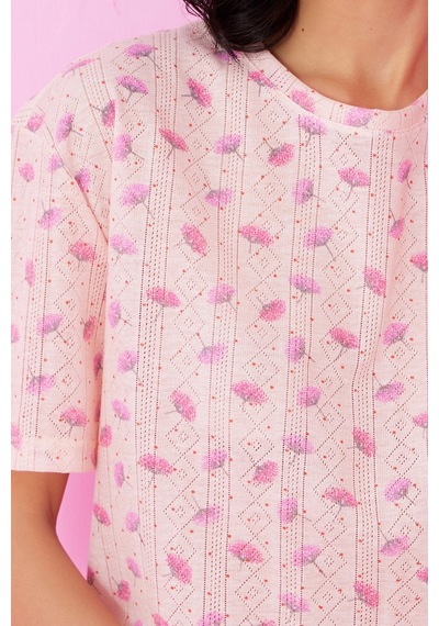 Siyah İnci Pointel Ajurlu/delikli Bisiklet Yaka Örme Pijama Takım Somon Çiçek
