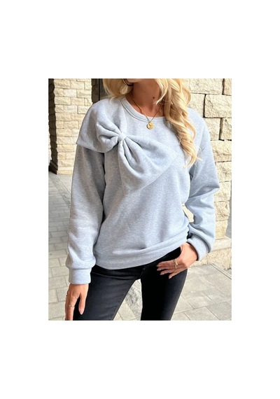Caddekombin Kadın Büyük Kurdele Detaylı Bisiklet Yaka İçi Yünlü Gri Sweatshirt Gri