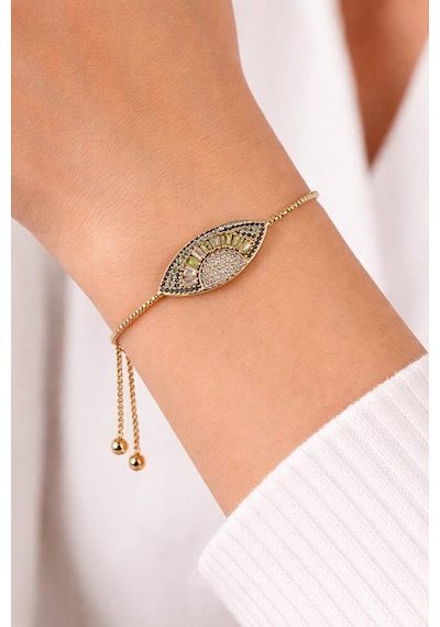 Oval Ayarlanabilir Taşlı Gold Bileklik Gümüş + Altın