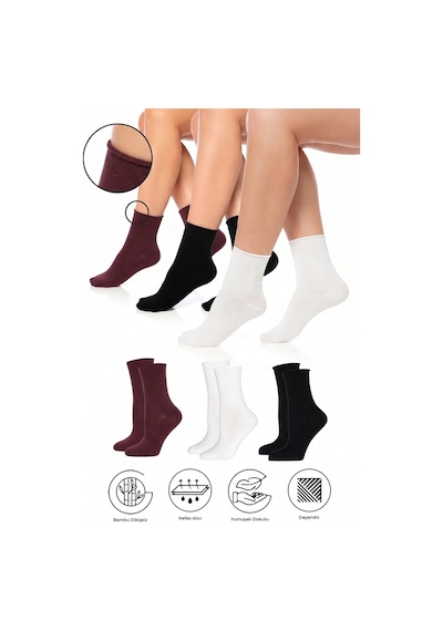 Saysez Bambu Kadın Lastiksiz Siyah-beyaz-bordo Soket Dikişsiz Premium Çorap 3'lü Paket / İz Bırakmaz / Sıkmayan Çorap Çok Renkli