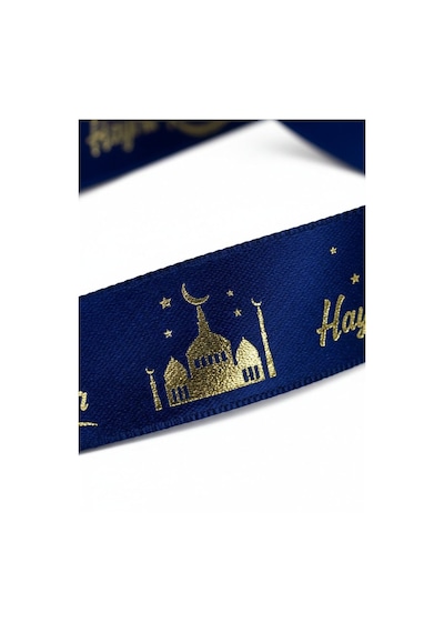 Hayırlı Ramazanlar Yazılı Hediye Paketleme Kurdelesi, Altın Varak Lacivert Saten Kurdele, 2.5cm X 5m Standart