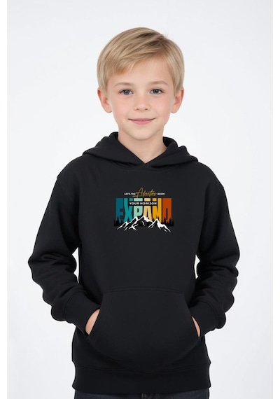 Panios Kids Kapüşonlu Kanguru Cepli Expand Baskı Detaylı Erkek Çocuk Sweatshirt Siyah