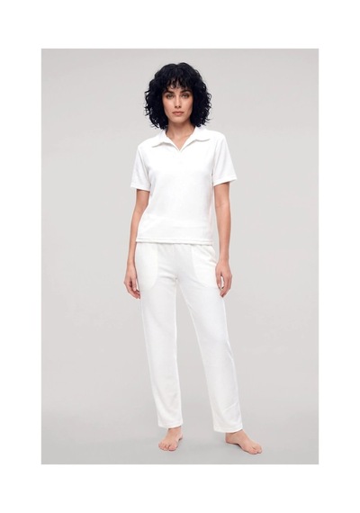 İkikareshop Özel Tasarım Kadın Beyaz Polo Yaka Pijama Takımı %100 Pamuk Çok Renkli
