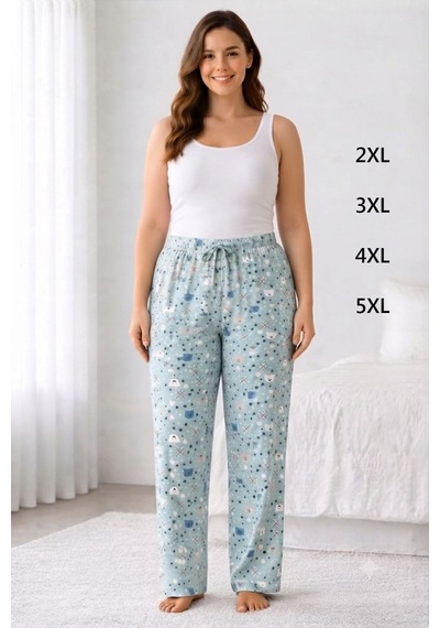 Viskon Pamuklu Kadın Büyük Beden Deniz Mavisi Desenli Pijama Pantolon - Mgb012 - Mudanis